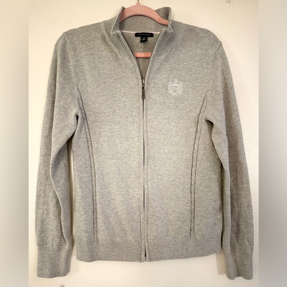 Tommy Hilfiger Grey Zip Cardigan Womens size Large with TH Crest - Picture 2 of 5